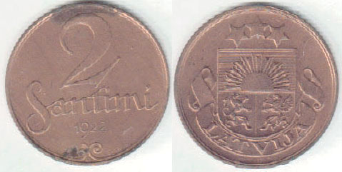 1922 Latvia 2 Santimi (aUnc) A002286